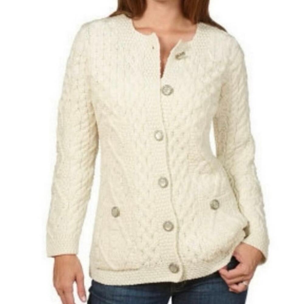 Aran Crafts XXL Vintage Cream Cable Knit Fisherman Cardigan Button-front Pockets